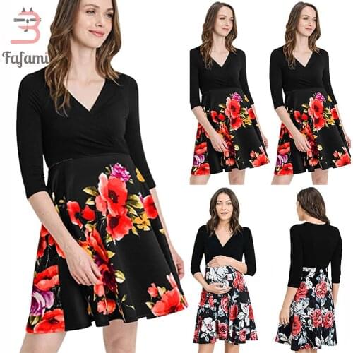 Womens Sleeve Maternity Nursing Dress for Breastfeeding Patchwork Flower Summer Spring Sundress Three Quarter Comfy Clothing