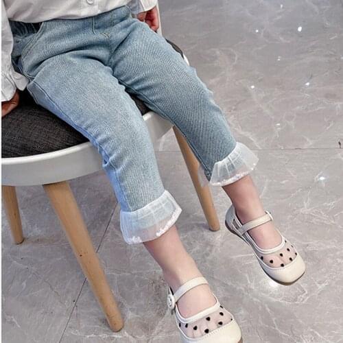 2021 Spring New Arrival Toddler Girls Jeans Kids Skinny Denim Pants Elastic Waist Mesh Patchwork Childrens Pants For 1-7Yrs