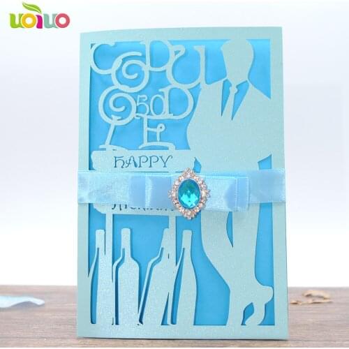 DIY 25set customize inc274 laser cut wedding invitation card tied bow light blue big rhinestone+printing card+envelope with seal