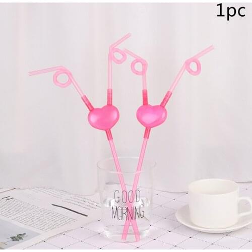 5pcs Funny Love Heart Double Straw Unique Flexible Drinking Tube Kids Colorful Plastic Drinking DIY Straws Bar Accessories
