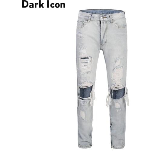 Dark Icon Stonewashed Ripped Ankle Zipper Denim Pants High Street Light Blue Jeans Men Regular Style Mens Pants