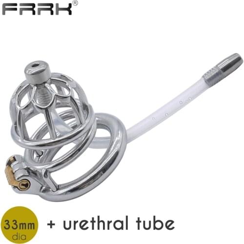 FRRK Chastity Cage with Long Urethral Plug Steel Penis Rings Intimate Goods Catheter BDSM Adults Sex Toys for Husband Wife Games
