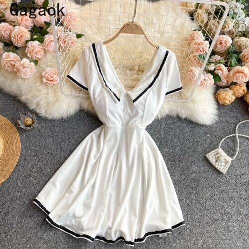 Gagaok Preppy Style Woman Dress 2021 Summer New V-Neck Patchwork Button A-Line Mini Dresses Slim Korean Chic Fashion Vestidos