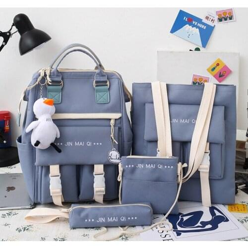 2021 Women Laptop Backpack 4 Pcs Set Harajuku Canvas School Bags For Teenage Girls Kawaii College Student Kids Book Bag Rucksack