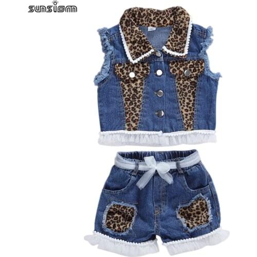 SUNSIOM Fashion Kids Baby Girls Clothes Sets Leopard Sleeveless Single Breasted Vest Coat Tops +Lace Denim Shorts Suits1-6Years