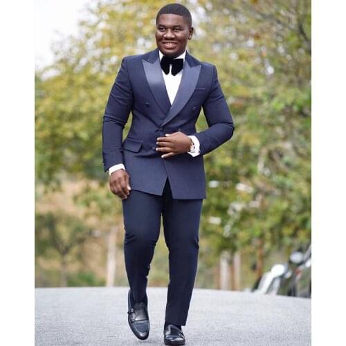 2019 Lastest Coat Pants Designs Groom Best Man Suit Tuxedos Double Breasted Navy Blue Peaked Lapel Groomsman Mens Wedding Suits