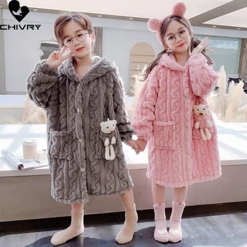 New Kids Flannel Pajamas Robe Autumn Winter Boys Girls Thicken Bathrobe Baby Bath Robes Hooded Long Sleeve Towel Robe Home Wear