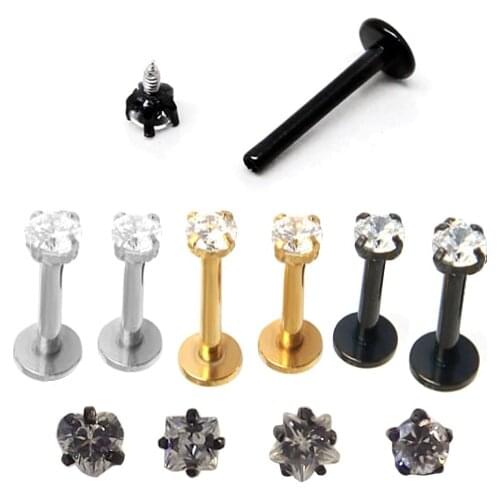 1.2x10x3mm 16G Gold Stainless Steel Internally Threaded Prong Top Gem Labret lip piercing Zircon labret ring Tragus Earring