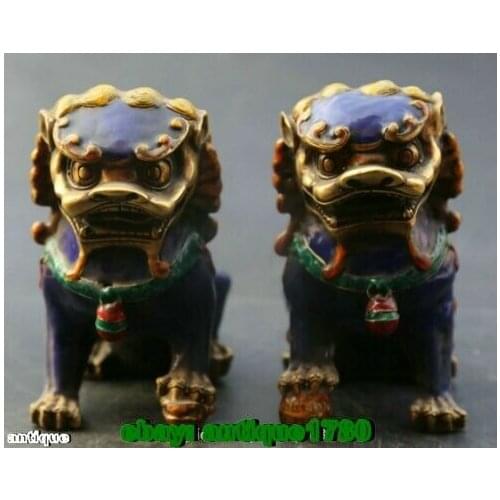 Old Chinese Fengshui bronze Cloisonne Guardion Foo Fu Dog Lion beast statue pair