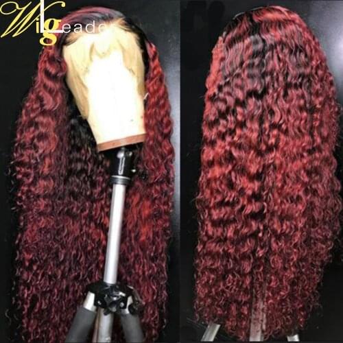 Wigleader Ombre Peruvian Remy Human Hair Lace Front Wigs Preplucked 1b/Red Curly 13x6 Lace Frontal Wigs Remy Hair Wigs
