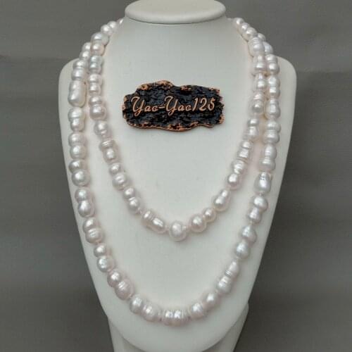 YYGEM 44'' natural Cultured White Gourd beads freshwater Pearl Long Sweater chain Necklace classic style for women