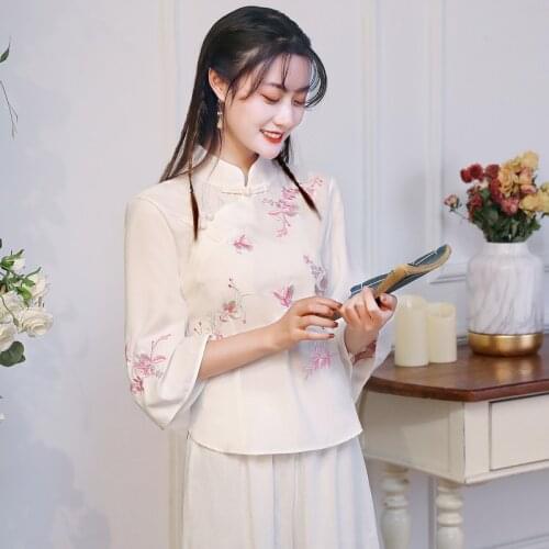Retro Chinese Style Embroidered Shirt Women Summer New Hanfu China Cheongsam Top Traditional Tang Suit Blouses Femme Plus Size