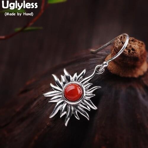 Uglyless Real Silver Designer Sun Earrings for Women Natural Agate Floral Earrings Solid 925 Silver Vintage Fine Jewelry E1542