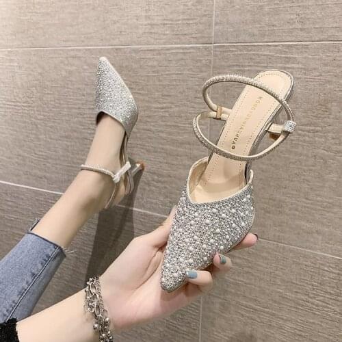 2021 Spring and Summer New Fairy Shoes Fashion Rhinestone Low-Cut Pointed Toe Shoes Hollow out Pumps Womens High Heels