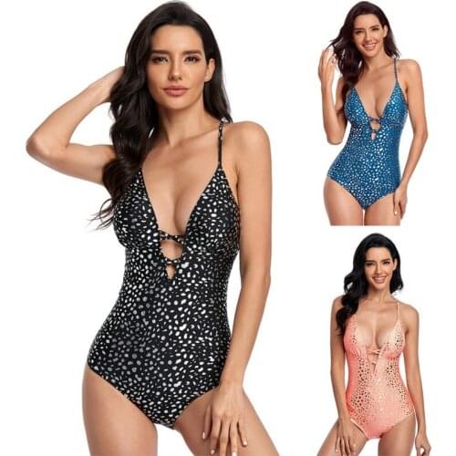 Women One Piece Swimsuit Sexy Hollow Backless Swimwear Solid Color Bodysuit Female Print Bathing Suit V Neck Beachwear