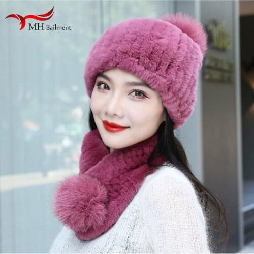Ladies Knitted Rex Rabbit Fur Hat Scarf Suit Winter 100% Authentic Fluffy Warm High Quality Hat Thick Soft Knitted Scarf Women