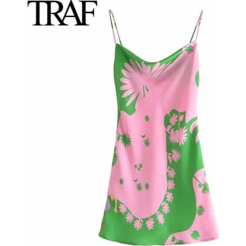 Traf Za Women Clothing 2021 Summer Vintage Sleeveless Dress Printed Satin Sexy Dress Evening Club Party Short Dresses