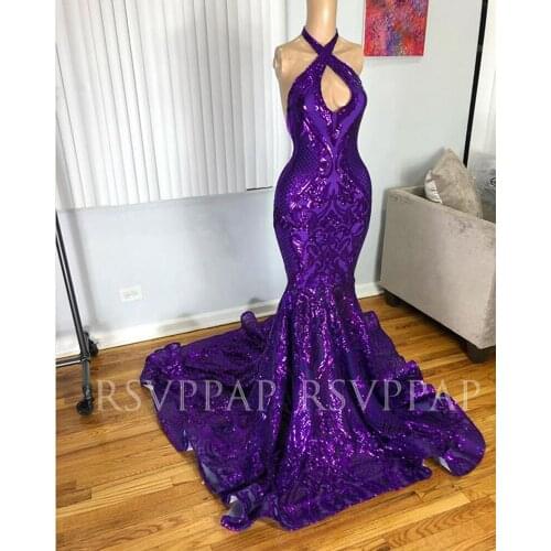 Purple Mermaid Long Prom Dresses 2021 New Arrival Real Pictures Sparkly Sequin Halter African Black Girl Prom Gowns