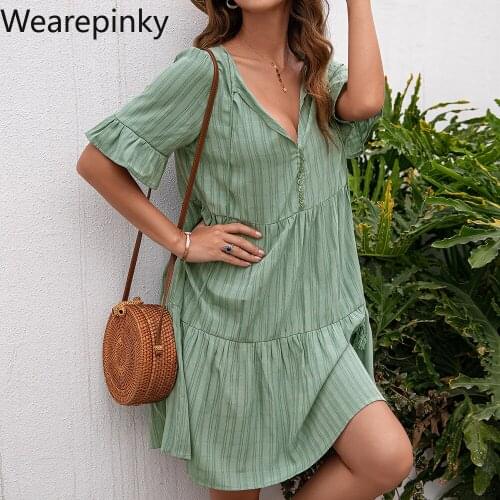 Butterfly Short Sleeve Loose Mini Dresses for Women 2021 Solid V Neck Summer Dress Femme Preppy Style Casual Dress Vestidos