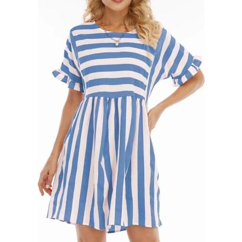 2021 WomenS New Personality Products Striped Dress Ruffle Short Sleeve Casual Round Neck Splicing Pocket Casual Dress