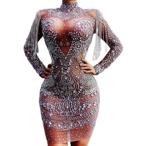 Party Dress For Women Mesh Gauze Perspective Mini Dress Tassel Rhinestones Sequins Dresses Nightclub Dance Show Stage Wear