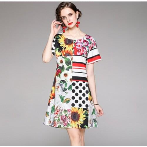 New Vintage Women Short Sleeve Dot Floral Dresses 2021 High Quality Summer Designer Runway Print Party Mini Dress Vestidos