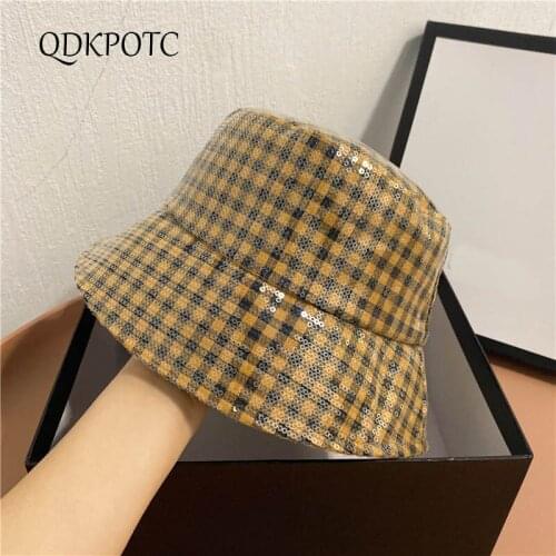2021 Hat Spring Summer New Women Plaid Cotton Bucket Hats Korean Version Fashion Decoration Sequins Sun Protection Cap QDKPOTC