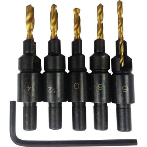 5pcs Hss Woodworking Countersink Drill Bit Set Countersinks Screw Size #6#8 #10#12#14 Counter Bores Pilot Hole Drill+Hex Wrench
