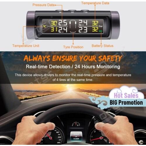 Car TPMS Tyre Pressure Monitoring System Solar Power Digital LCD Display For Android Auto Security Alarm Systems Tyre Pressure