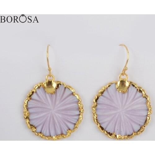 BOROSA 5Pairs Gold Plating Hand Carved Round Flower White Shell Earrings Mother Of Pearl Natural Shell Earrings for Lady G1896-E