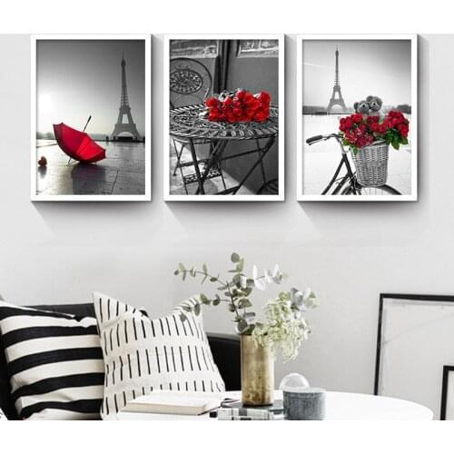 Black City Landscape Red Flower Print Nordic Canvas Painting Home Decor Tower Wall Art Hotel Living Room Picture DIY Backdrop