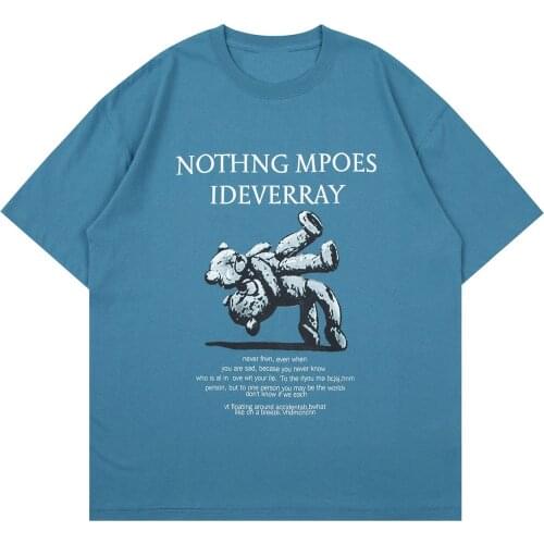 Harajuku T-Shirt Mens Streetwear Bear Hug Print Hip Hop Tshirts 2021SS Summer Cotton Short Sleeve Shirts Loose Tops Tees White