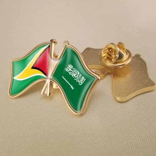 Guyana and Saudi Arabia Crossed Double Friendship Flags Lapel Pins Brooch Badges
