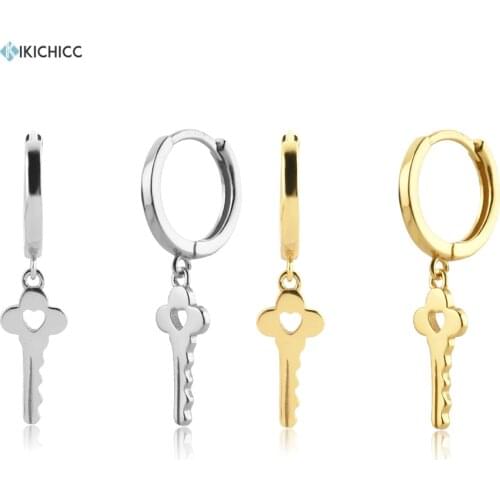 KIKICHICC925 Sterling Silver Gold Heart Key Pendiente Piercing Drop Earring Clips Earring Loops Fine Jewelry Rock Punk Jewels