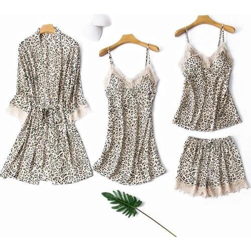 Leopard Sleepwear Sexy 4PCS Robe Sets For Women Pajamas Satin Nightwear Intimate Lingerie Casual Kimono Gown Lounge Wear