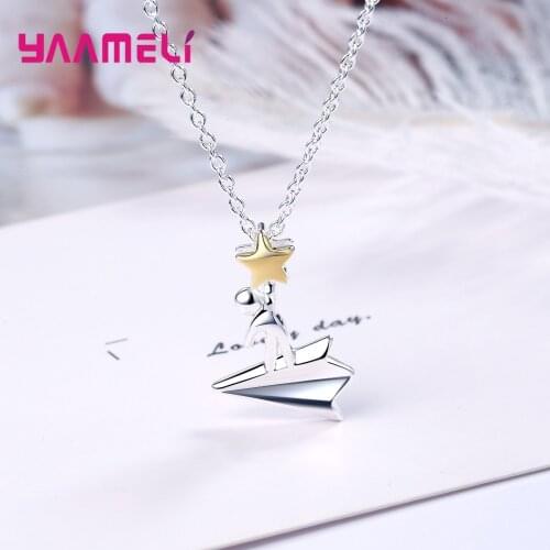 Creative Jewelry Necklace for Girl Woman Fine 925 Sterling Silver Star/Paper Airplane Cute Birthday Childrens Day Gift