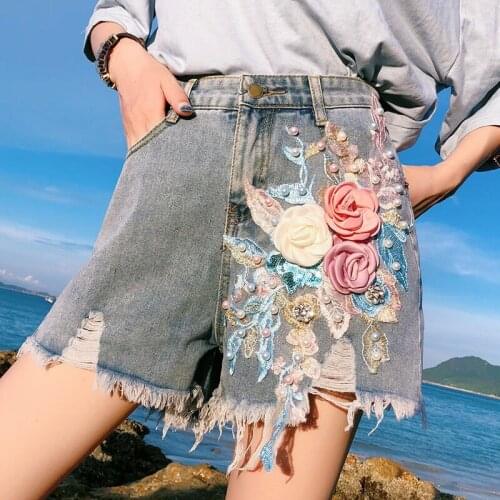 Summer Fashion Womens Ladies High Wasited Wide Leg Sequined Embroidery Flower Denim Shorts , 5xl Jeans Shorts for Woman