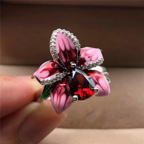 Cute Female Pink Red Flower Ring Fashion Bridal Engagement Ring Vintage Wedding Jewelry Promise Love Rings For Women