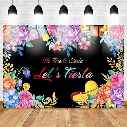 MOCSICKA Lets Fiesta Theme Party Backdrop for Photography Mexico Colorful Flowers Black Background Birthday Custom Backdrops