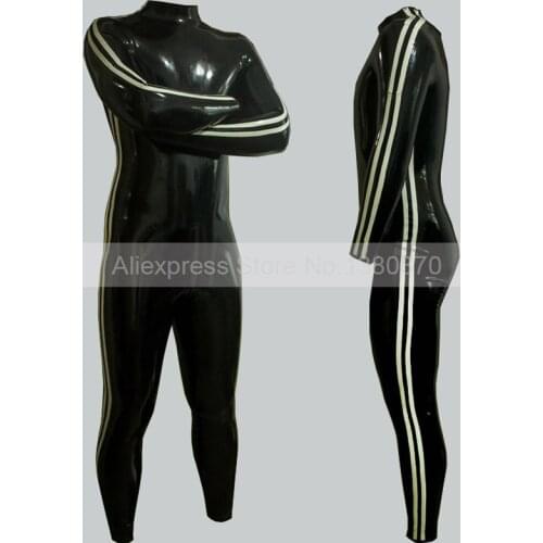 Shoulder Zips In Latex Male Catsuit Rubber Fetish Handmade Latex Zentai Suit with Side Strips Tailored Bodysuit S-LCM176
