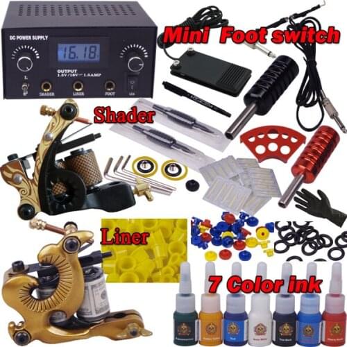 Tattoo permanent makeup kit body art set 2 top tattoo gun 7color inks YLT-81
