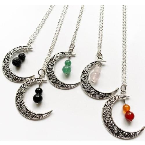 Moon Pendant Necklace Natural Stone Beads Women Jewellery Necklace Chain Silver-color Metal Hollow Out Moon Necklace Handmade