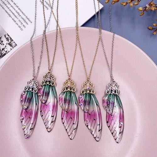 Ethnic Green Pink Colour Rhinestone Simulation Cicada Wings Necklace for Women Butterfly Gradient Sequins Necklace Accessories