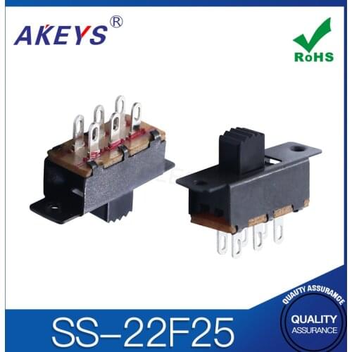 SS-22F25 2P2T Double pole double throw 2 position slide switch 6 solder lug pin verticle type without fixed pin black shell