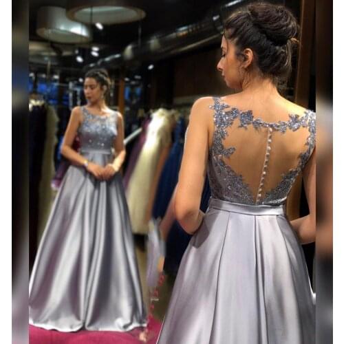 Formal Dress Women 2020 Evening A-line Satin Gray Sleeveless Lace Appliques Crystal Beading Scoop Backless Gorgeous Elegant