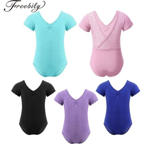 Girls Short Sleeves Pinched-Front Floral Lace V-Shaped Back Gymnastics Leotards Jumpsuit Kids Ballet Dance Gymnastics Leotard