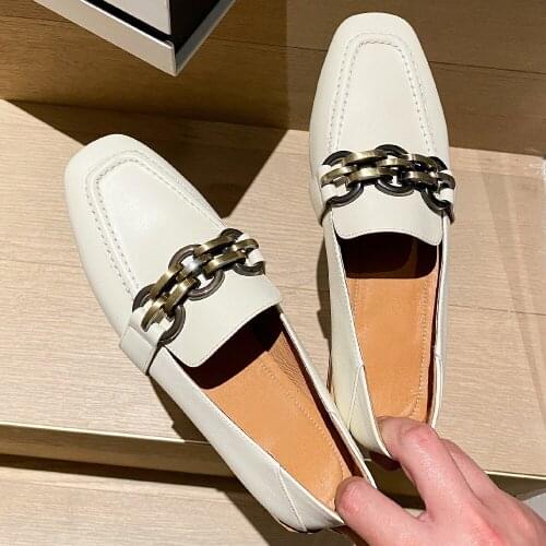 Womens genuine leather slip-on flats loafers chain decoration casual moccasins square toe casual mules high quality shoes women