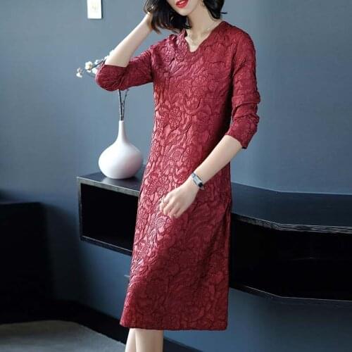 Spring Fall Vintage Women Embroidery V Neck Long Sleeve Wine Red Green Dress , Autumn Female Woman Elegant Blue Dresses