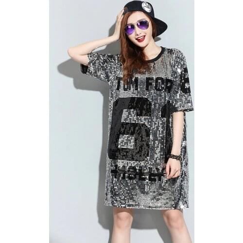 TREND-Setter 2018 Summer Style Sequins Plus Size T shirt Women Loose Letters T-shirt for Women Silver and Black Tshirt 1705