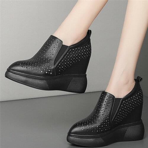 Summer 12cm High Heel Creepers Women Hollow Genuine Leather Wedges Ankle Boots Female Pointed Toe Fashion Sneakers Casual Shoes